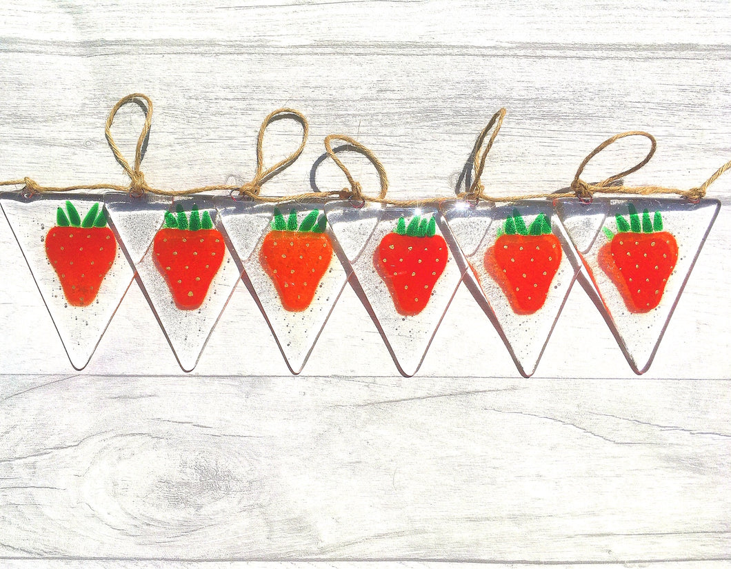 Handmade Fused Glass Strawberry Bunting Hanging Decoration