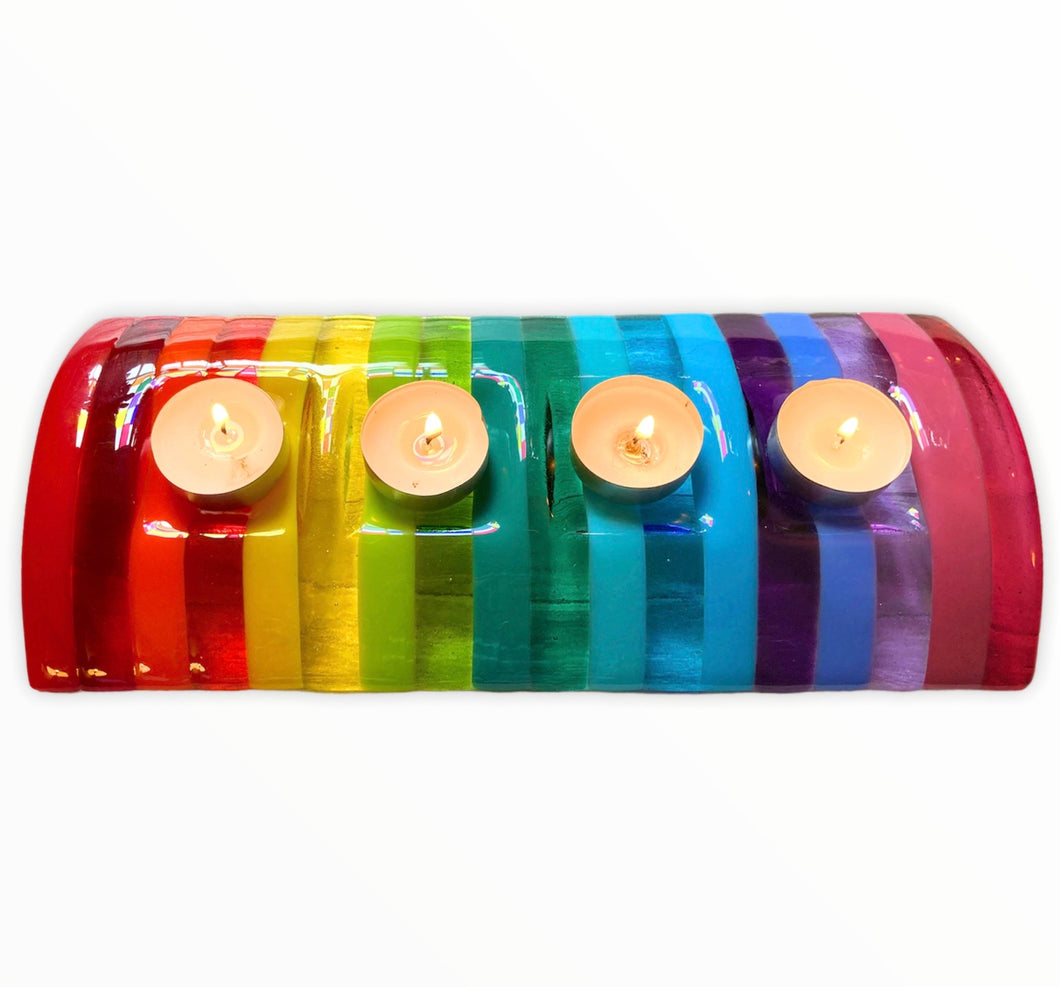 Fused Glass Rainbow Striped Candle Holder- Home Decor, Table Centrepiece