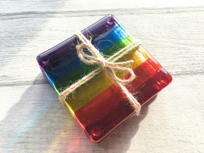 Set of 4 Rainbow Striped Handmade Fused Art Glass Drinks Coasters.