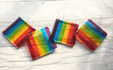 Load image into Gallery viewer, Set of 4 Rainbow Striped Handmade Fused Art Glass Drinks Coasters.
