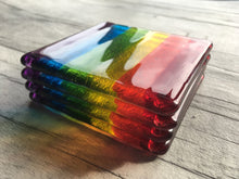 Load image into Gallery viewer, Set of 4 Rainbow Striped Handmade Fused Art Glass Drinks Coasters.

