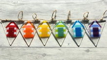 Load image into Gallery viewer, Handmade Fused Glass Rainbow Beach Hut Bunting, Beach Theme Home Decoration.
