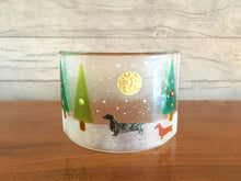Load image into Gallery viewer, &#39;Winter Sun Dachshunds&#39; Handmade Fused Glass Christmas Candle Light Screen Decoration.
