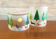 Load image into Gallery viewer, &#39;Winter Sun Dachshunds&#39; Handmade Fused Glass Christmas Candle Light Screen Decoration.

