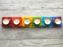 Load image into Gallery viewer, Set of 6 Rainbow Geometric Design Fused Glass Candle Holders, Rainbow Gift, Geometric Home Decor, Mid Century Style, Glass Tea Light Holder.
