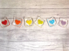 Load image into Gallery viewer, Fused Glass Rainbow Heart Tea Light Holder or Trinket Dish, Rainbow Gift, Home Decor, Heart Candle Holder, Valentines, Pride Wedding.
