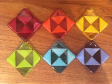 Load image into Gallery viewer, Set of 6 Rainbow Geometric Design Fused Glass Candle Holders, Rainbow Gift, Geometric Home Decor, Mid Century Style, Glass Tea Light Holder.
