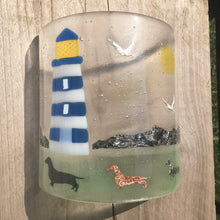 Load image into Gallery viewer, Limited Edition Fused Glass Dachshund Art, Sun Catcher, Candle Screen, Dog Lamp, Sausage Dog Gift, Dachshund home Decor, Lighthouse Picture.
