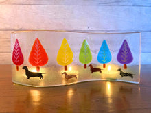 Load image into Gallery viewer, Fused Glass Rainbow Dachshund Candle Screen Art.
