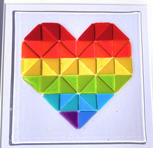 Load image into Gallery viewer, Original Framed Fused Glass Geometric Rainbow Heart Wall Art.
