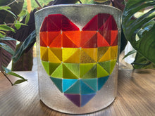 Load image into Gallery viewer, Handmade Fused Glass Rainbow Geometric Heart Centrepiece Candle Light Screen.
