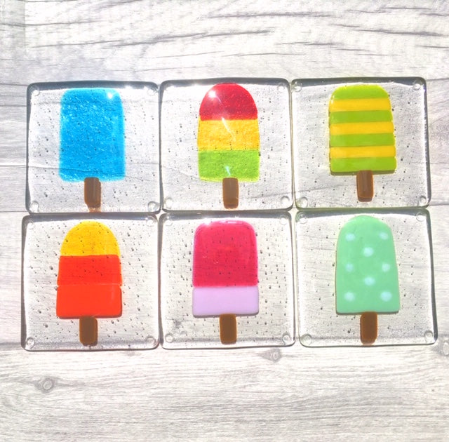 Set of 6 Handmade Fused Glass Ice Lolly Drinks Coasters