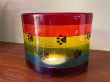 Load image into Gallery viewer, Handmade Fused Glass Rainbow Bridge Pet Memorial Candle Holder Screen with Paw Prints
