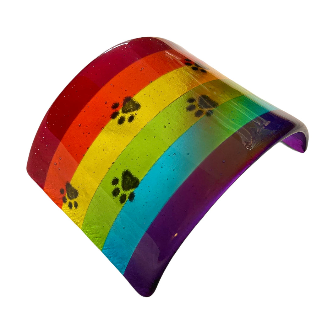 Handmade Fused Glass Rainbow Bridge Pet Memorial Candle Holder Screen with Paw Prints