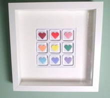 Load image into Gallery viewer, Fused Glass, Heart Wall Art, Valentine&#39;s Gift, Rainbow Glass, Heart Decor, Framed Hearts, Rainbow Decor, Love Hearts, Wedding, Anniversary.
