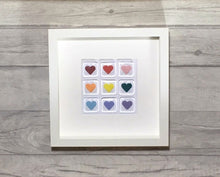 Load image into Gallery viewer, Fused Glass, Heart Wall Art, Valentine&#39;s Gift, Rainbow Glass, Heart Decor, Framed Hearts, Rainbow Decor, Love Hearts, Wedding, Anniversary.
