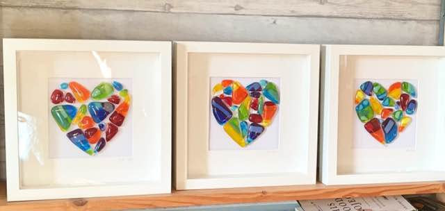 Framed multicolor mosaic Heart fused dichroic glass on white glass and gray frame wall art outlets (fused, not blown glass)