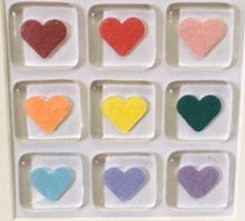 Load image into Gallery viewer, Fused Glass, Heart Wall Art, Valentine&#39;s Gift, Rainbow Glass, Heart Decor, Framed Hearts, Rainbow Decor, Love Hearts, Wedding, Anniversary.
