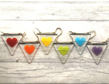 Load image into Gallery viewer, Fused Glass Rainbow Hearts, Rainbow Heart Bunting, Valentine, Rainbow Decor, Rainbow Nursery, Pride Decor, Heart decor, Fused Glass Bunting.
