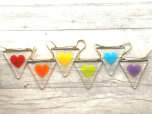 Load image into Gallery viewer, Fused Glass Rainbow Hearts, Rainbow Heart Bunting, Valentine, Rainbow Decor, Rainbow Nursery, Pride Decor, Heart decor, Fused Glass Bunting.

