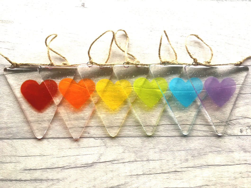 Fused Glass Rainbow Hearts, Rainbow Heart Bunting, Valentine, Rainbow Decor, Rainbow Nursery, Pride Decor, Heart decor, Fused Glass Bunting.