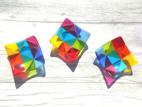 Handmade Fused Art Glass Geometric Rainbow Decorative Dish.