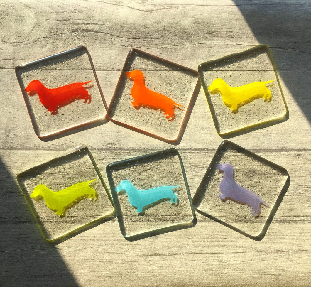 Fused Glass  Rainbow Dachshund Print Drinks Coasters