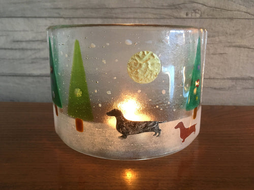 'Winter Sun Dachshunds' Handmade Fused Glass Christmas Candle Light Screen Decoration.