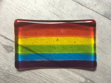 Load image into Gallery viewer, Rainbow Fused Glass Soap Dish, Fused Glass Plate, Pride Gift, Rainbow Home Decor, Bathroom Accessories, Rainbow Striped Soap Dish.
