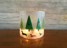Load image into Gallery viewer, &#39;Stargazing Dachshunds&#39; Fused Glass Christmas Tree Dachshund Candle Screen, Gift for a Dog Lover.
