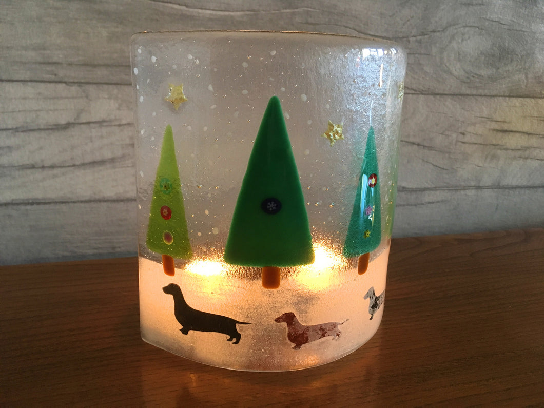 'Stargazing Dachshunds' Fused Glass Christmas Tree Dachshund Candle Screen, Gift for a Dog Lover.