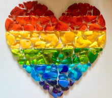 Load image into Gallery viewer, Large Rainbow Wall Art, Fused Glass Heart, Pride Decor, Statement Wall Art, Heart Home Decor, Valentine&#39;s Gift, Anniversary, Wedding Gift.
