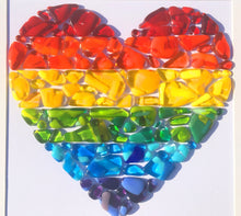 Load image into Gallery viewer, Large Rainbow Wall Art, Fused Glass Heart, Pride Decor, Statement Wall Art, Heart Home Decor, Valentine&#39;s Gift, Anniversary, Wedding Gift.
