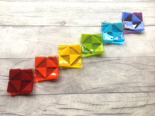 Set of 6 Rainbow Geometric Design Fused Glass Candle Holders, Rainbow Gift, Geometric Home Decor, Mid Century Style, Glass Tea Light Holder.