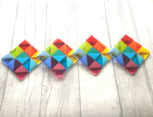 Set of 4 Fused Glass Geometric Rainbow Drinks Coasters- Retro Home Decor.
