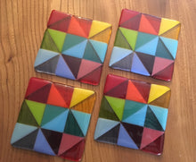 Load image into Gallery viewer, Set of 4 Fused Glass Geometric Rainbow Drinks Coasters- Retro Home Decor.
