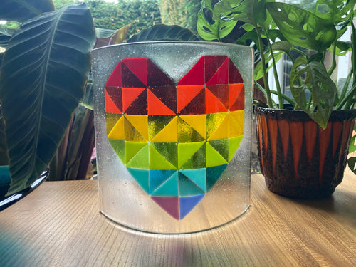 Large Fused Glass Geometric Rainbow Heart Original Art, Light Screen, Heart Sun Catcher, Rainbow Heart Gift, Pride Decor, Rainbow Heart Art.