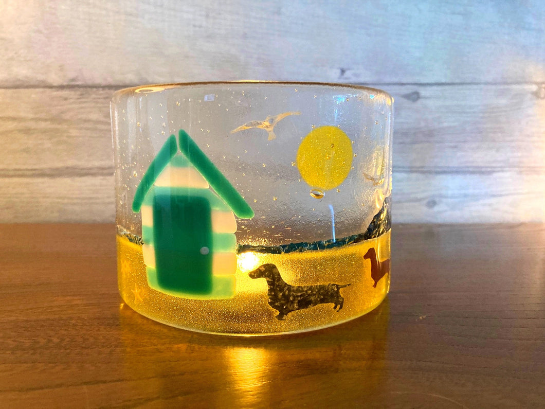 Limited Edition- 'Beach- Combing Dachshunds' Fused Glass Art Light/Candle Screen.