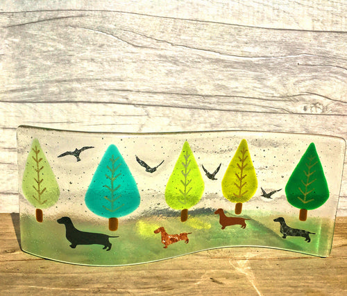 'Bark Life Dachshunds' Handmade Fused Glass Art Light/Candle Screen.