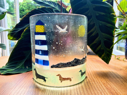 Limited Edition Fused Glass Dachshund Art, Sun Catcher, Candle Screen, Dog Lamp, Sausage Dog Gift, Dachshund home Decor, Lighthouse Picture.