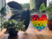 Load image into Gallery viewer, Large Fused Glass Geometric Rainbow Heart Original Art, Light Screen, Heart Sun Catcher, Rainbow Heart Gift, Pride Decor, Rainbow Heart Art.
