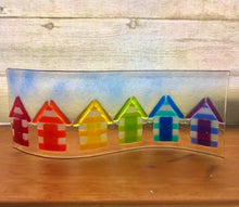 Load image into Gallery viewer, Rainbow Beach Hut Fused Glass Art, Candle Screen Holder, Seaside Art, Nautical Bathroom Decor, Rainbow Glass Gift,Brighton Beach, Pride.

