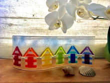 Load image into Gallery viewer, Rainbow Beach Hut Fused Glass Art, Candle Screen Holder, Seaside Art, Nautical Bathroom Decor, Rainbow Glass Gift,Brighton Beach, Pride.
