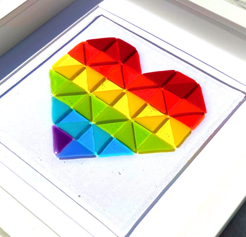 Original Framed Fused Glass Geometric Rainbow Heart Wall Art.