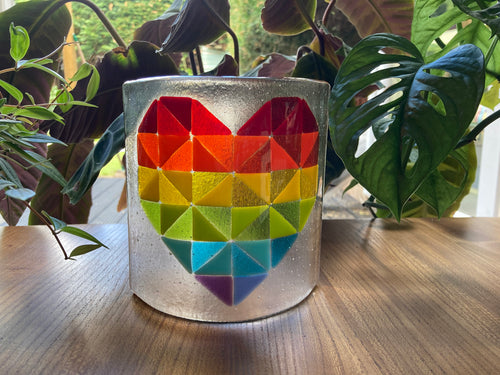 Handmade Fused Glass Rainbow Geometric Heart Centrepiece Candle Light Screen.