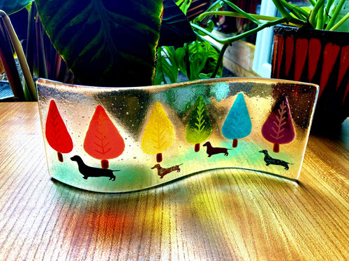 Fused Glass Rainbow Dachshund Candle Screen Art.