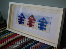 Load image into Gallery viewer, Fused Glass Wall Art, Framed Beach Hut Picture, Beach Home Decor, British Seaside Art, Glass Artwork, Nautical Decor, Bathroom Accessories.
