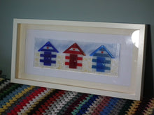 Load image into Gallery viewer, Fused Glass Wall Art, Framed Beach Hut Picture, Beach Home Decor, British Seaside Art, Glass Artwork, Nautical Decor, Bathroom Accessories.
